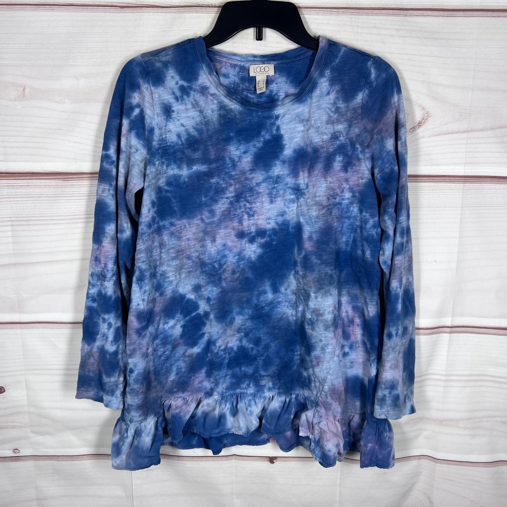 LOGO Lori Goldstein Top Women Small Blue Tie Dye Ruffle Hem Long Sleeve Blouse
